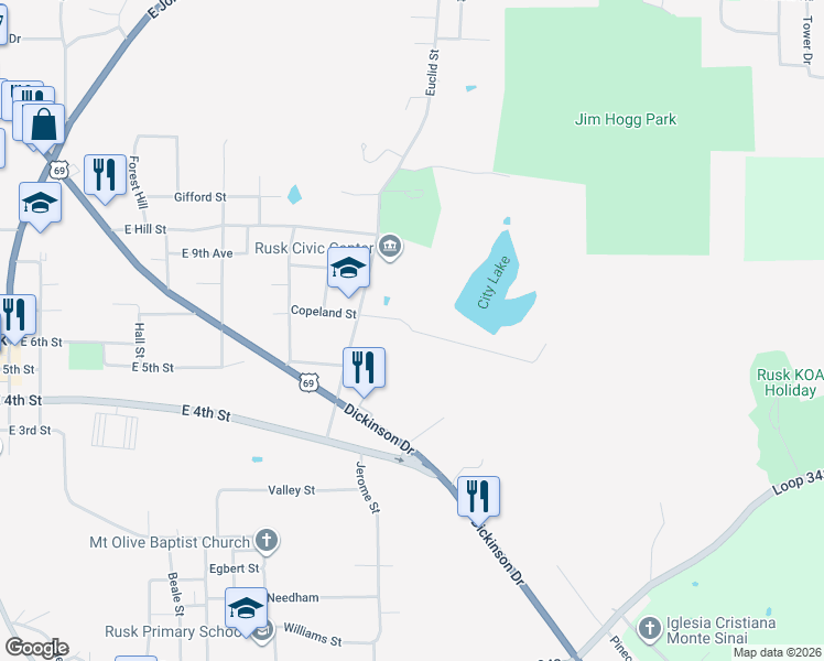 map of restaurants, bars, coffee shops, grocery stores, and more near Copeland Street in Rusk