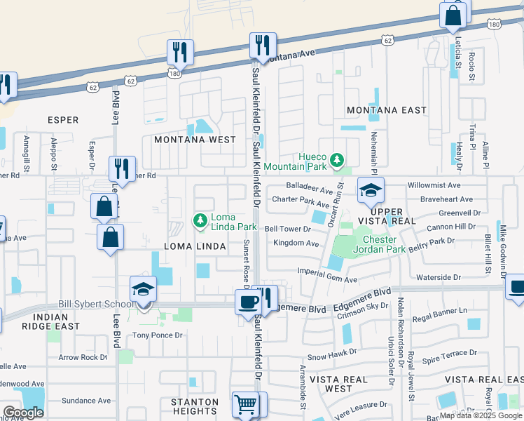 map of restaurants, bars, coffee shops, grocery stores, and more near 3513 Riverstone Drive in El Paso