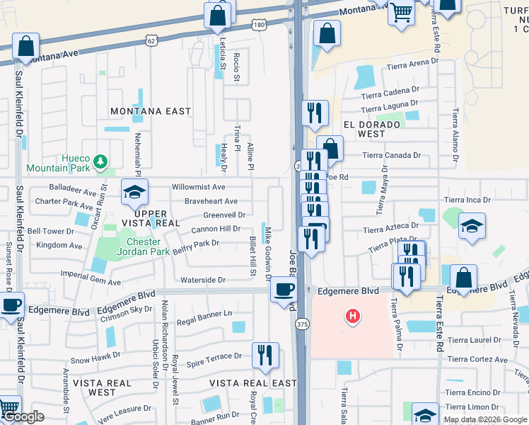 map of restaurants, bars, coffee shops, grocery stores, and more near 3529 Mike Godwin Drive in El Paso