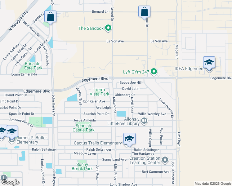map of restaurants, bars, coffee shops, grocery stores, and more near 14725 David Latin in El Paso