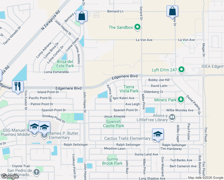 map of restaurants, bars, coffee shops, grocery stores, and more near 14577 Friesian Trail in El Paso