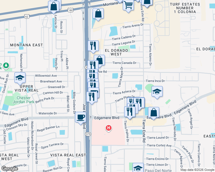 map of restaurants, bars, coffee shops, grocery stores, and more near 12245 Tierra Inca Drive in El Paso