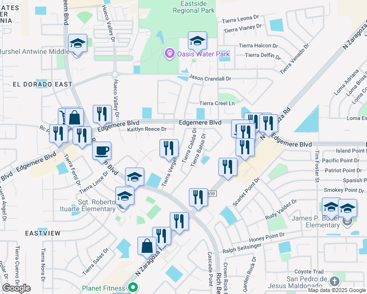 map of restaurants, bars, coffee shops, grocery stores, and more near 3628 Tierra Vergel Drive in El Paso