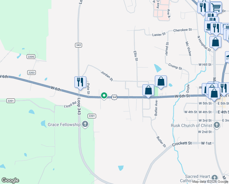 map of restaurants, bars, coffee shops, grocery stores, and more near 301 Jordan Street in Rusk