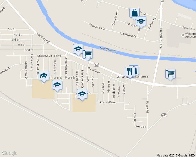 map of restaurants, bars, coffee shops, grocery stores, and more near 125 Encino Street in Sunland Park