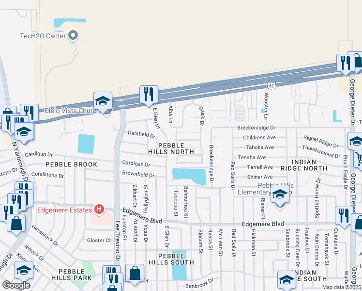 map of restaurants, bars, coffee shops, grocery stores, and more near 11021 Aqua Court in El Paso