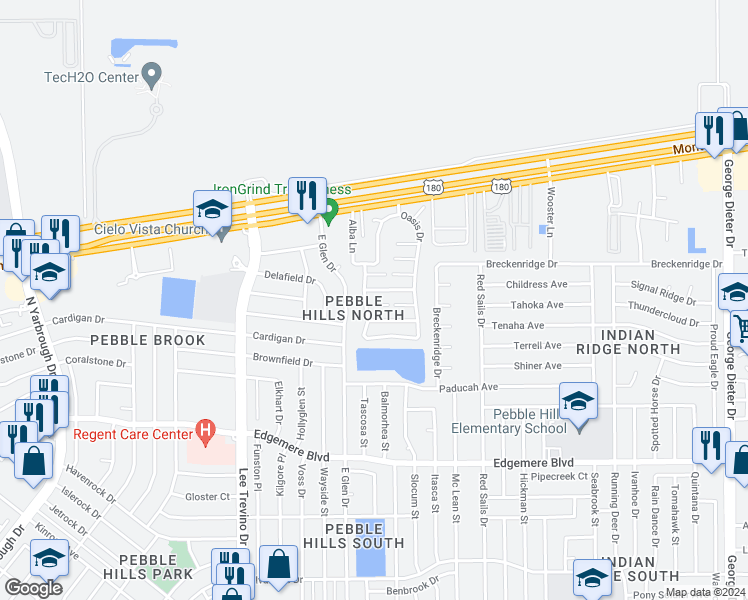 map of restaurants, bars, coffee shops, grocery stores, and more near 11023 Aqua Court in El Paso