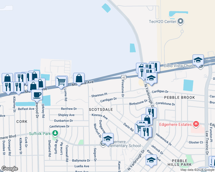 map of restaurants, bars, coffee shops, grocery stores, and more near 10350 Montana Avenue in El Paso