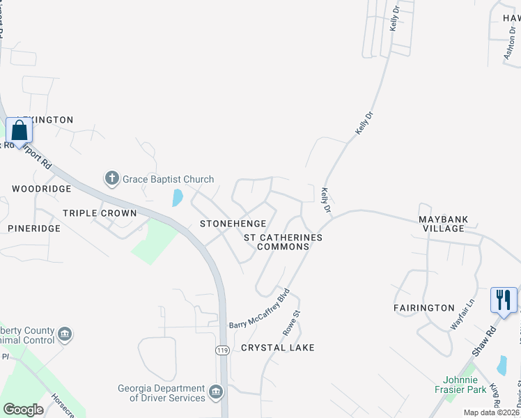 map of restaurants, bars, coffee shops, grocery stores, and more near 1910 Stonehenge Drive in Hinesville