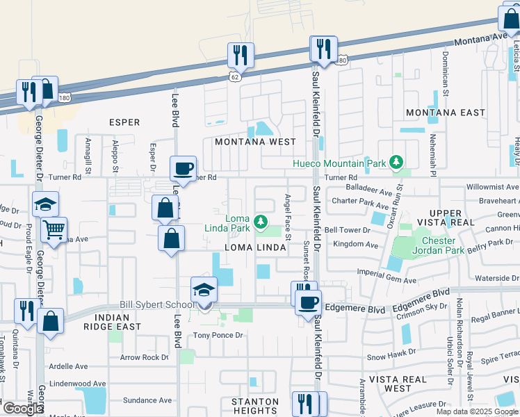 map of restaurants, bars, coffee shops, grocery stores, and more near 11613 Sandy Plateau Circle in El Paso