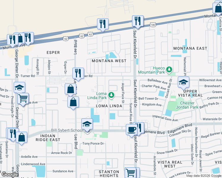 map of restaurants, bars, coffee shops, grocery stores, and more near 11613 Sandy Plateau Circle in El Paso