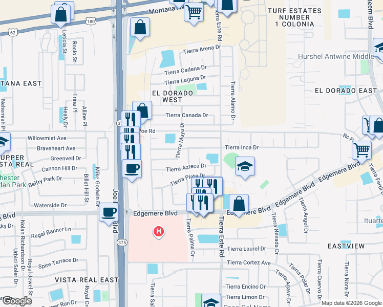map of restaurants, bars, coffee shops, grocery stores, and more near 12341 Tierra Inca Drive in El Paso