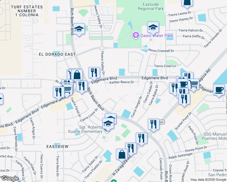 map of restaurants, bars, coffee shops, grocery stores, and more near 3640 Tierra Berlin Lane in El Paso