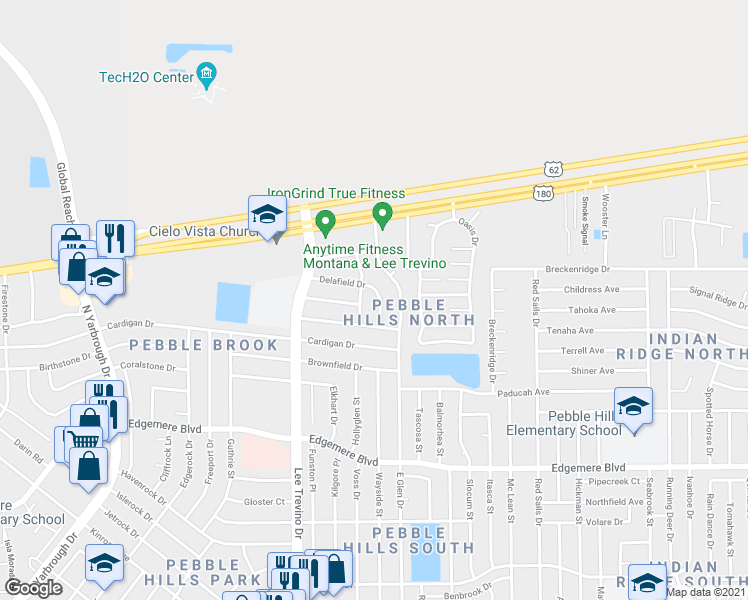 map of restaurants, bars, coffee shops, grocery stores, and more near 10940 Delafield Drive in El Paso