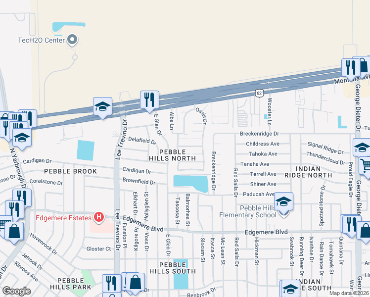 map of restaurants, bars, coffee shops, grocery stores, and more near 11026 Sunshine Court in El Paso