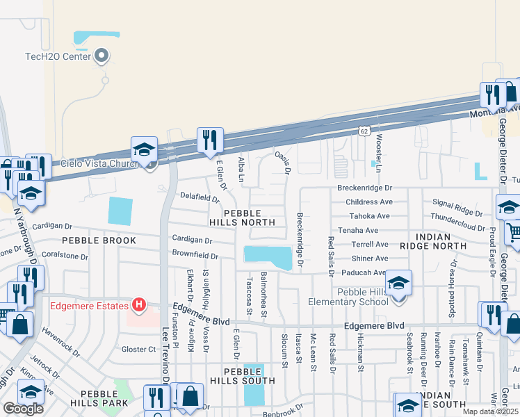map of restaurants, bars, coffee shops, grocery stores, and more near 11028 Sunshine Court in El Paso