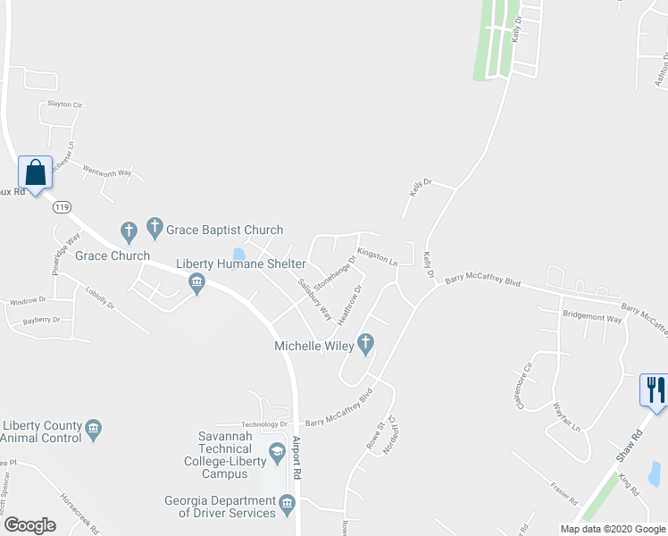 map of restaurants, bars, coffee shops, grocery stores, and more near 1911 Stonehenge Drive in Hinesville