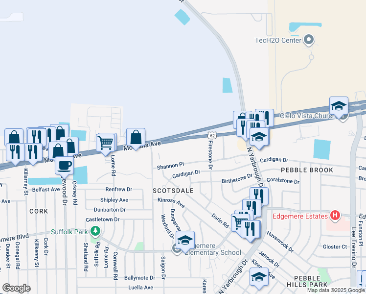 map of restaurants, bars, coffee shops, grocery stores, and more near 10350 Montana Avenue in El Paso