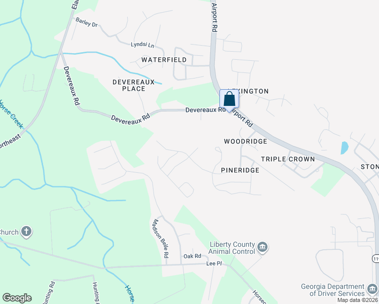 map of restaurants, bars, coffee shops, grocery stores, and more near 1303 Windrow Drive in Hinesville