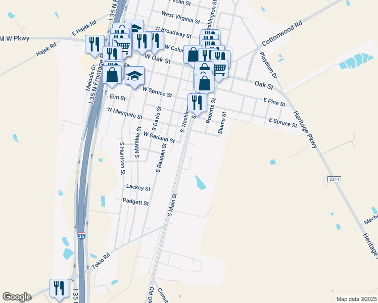 map of restaurants, bars, coffee shops, grocery stores, and more near 501 South Main Street in West