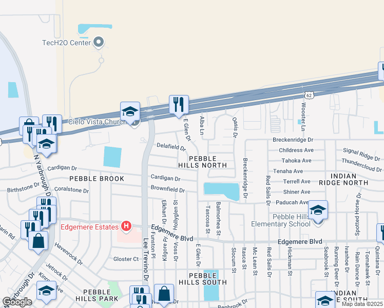 map of restaurants, bars, coffee shops, grocery stores, and more near 10940 Delafield Drive in El Paso