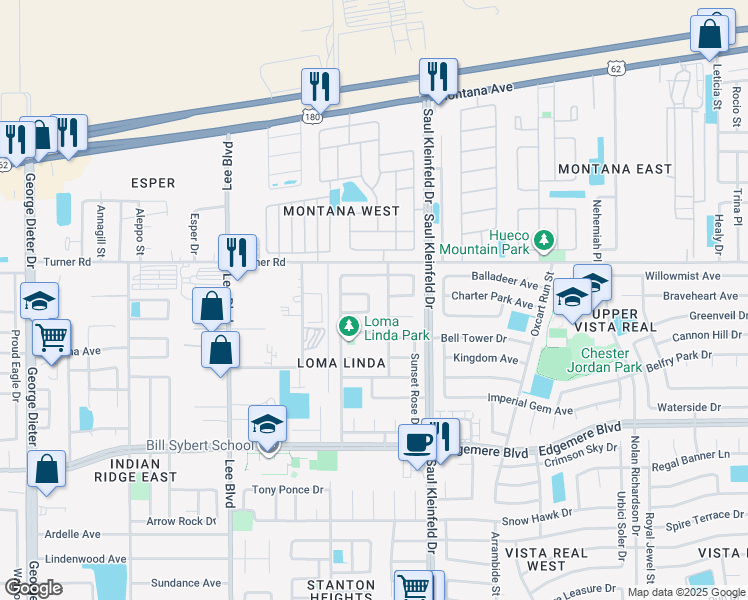 map of restaurants, bars, coffee shops, grocery stores, and more near 3612 Sandy Plateau Circle in El Paso