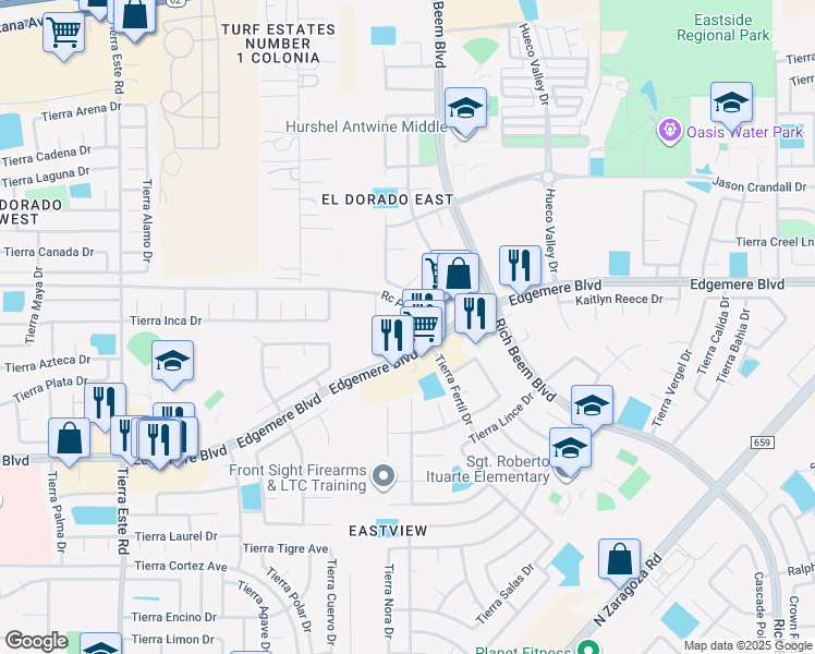 map of restaurants, bars, coffee shops, grocery stores, and more near 12950 Rc Poe Road in El Paso