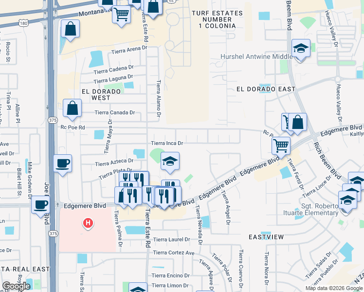 map of restaurants, bars, coffee shops, grocery stores, and more near 12512 Tierra Inca Drive in El Paso