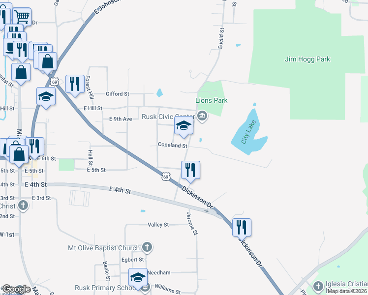 map of restaurants, bars, coffee shops, grocery stores, and more near 660 Euclid Street in Rusk