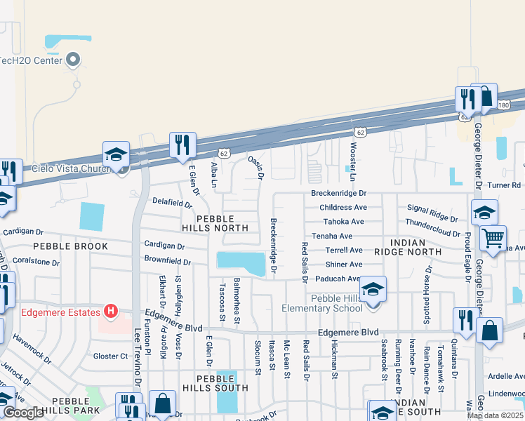 map of restaurants, bars, coffee shops, grocery stores, and more near 3558 Oasis Drive in El Paso