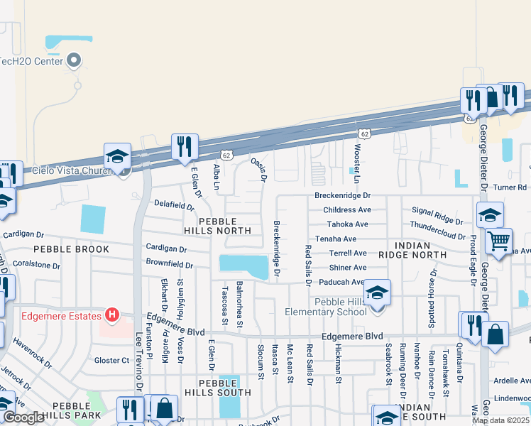 map of restaurants, bars, coffee shops, grocery stores, and more near 3558 Oasis Drive in El Paso