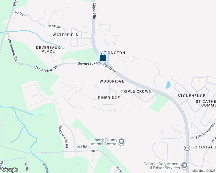 map of restaurants, bars, coffee shops, grocery stores, and more near 1233 Pineridge Way in Hinesville