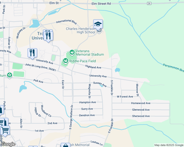 map of restaurants, bars, coffee shops, grocery stores, and more near 800 University Avenue in Troy