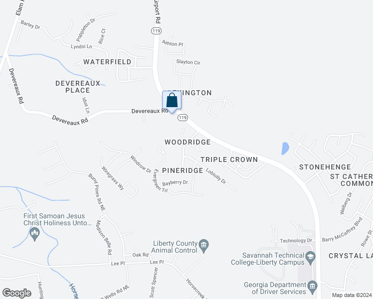 map of restaurants, bars, coffee shops, grocery stores, and more near 1232 Pineridge Way in Hinesville