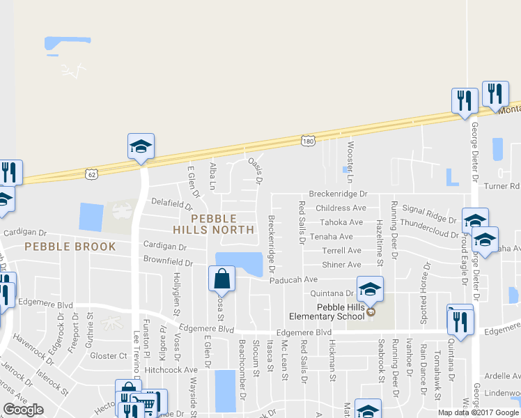 map of restaurants, bars, coffee shops, grocery stores, and more near 3554 Oasis Drive in El Paso