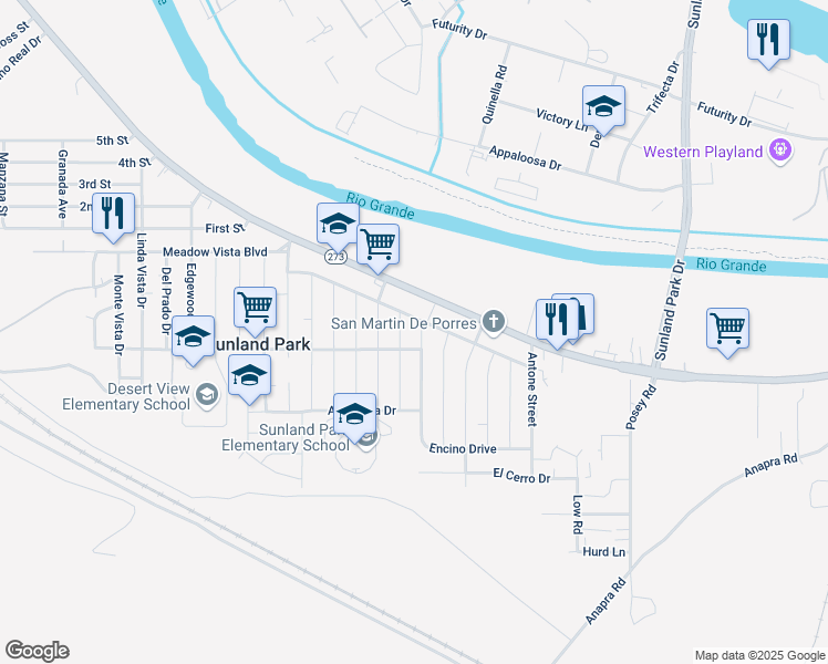 map of restaurants, bars, coffee shops, grocery stores, and more near 101-125 Encino St in Sunland Park