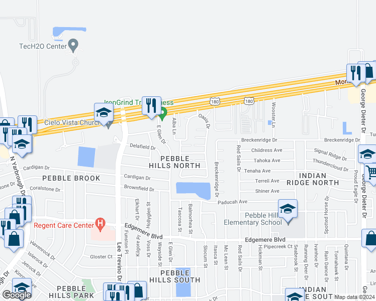 map of restaurants, bars, coffee shops, grocery stores, and more near 11027 Sunshine Court in El Paso