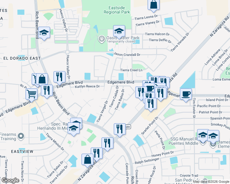 map of restaurants, bars, coffee shops, grocery stores, and more near 3669 Tierra Calida Drive in El Paso