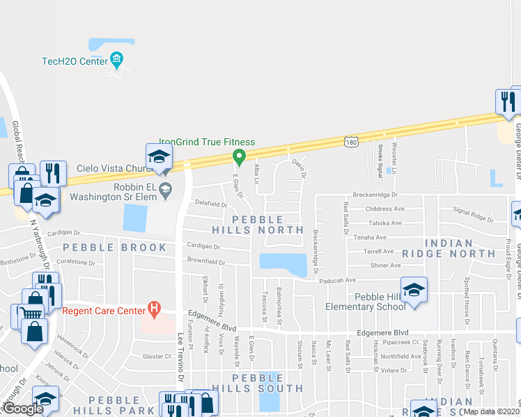 map of restaurants, bars, coffee shops, grocery stores, and more near 3544 East Glen Drive in El Paso