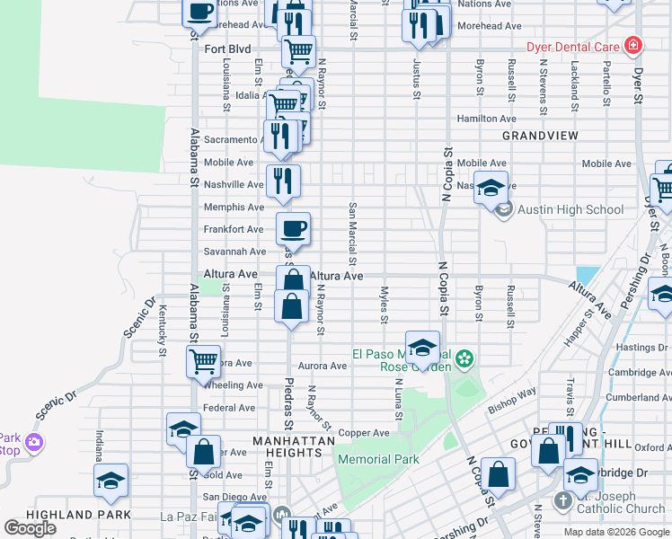 map of restaurants, bars, coffee shops, grocery stores, and more near 3005 Altura Avenue in El Paso