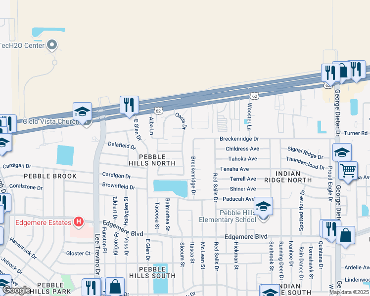 map of restaurants, bars, coffee shops, grocery stores, and more near 3558 Oasis Drive in El Paso