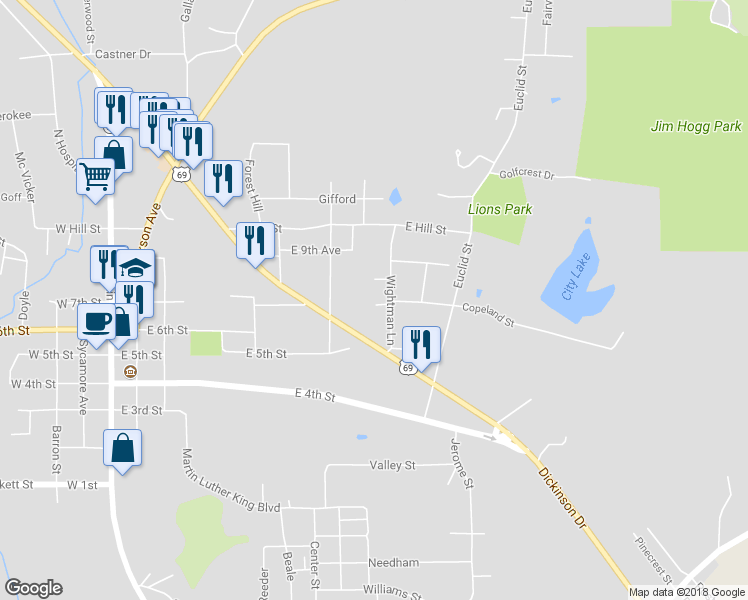 map of restaurants, bars, coffee shops, grocery stores, and more near 401 Copeland Street in Rusk