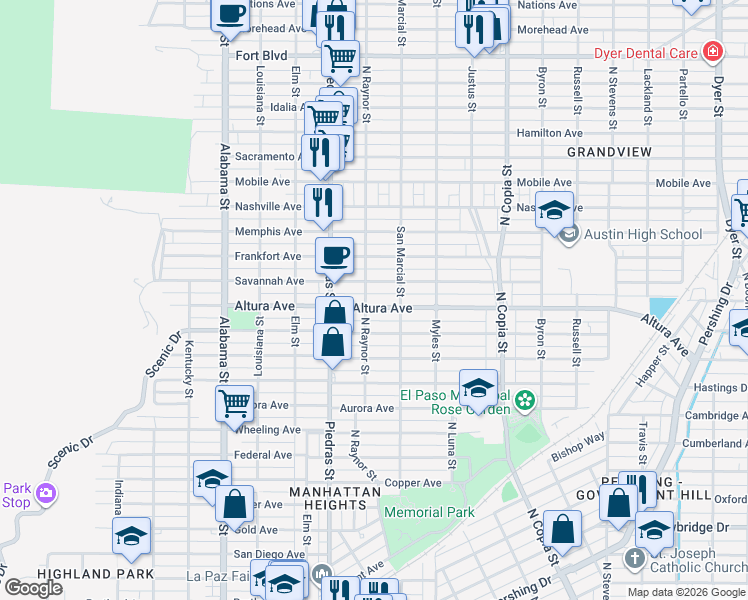 map of restaurants, bars, coffee shops, grocery stores, and more near 3005 Altura Avenue in El Paso