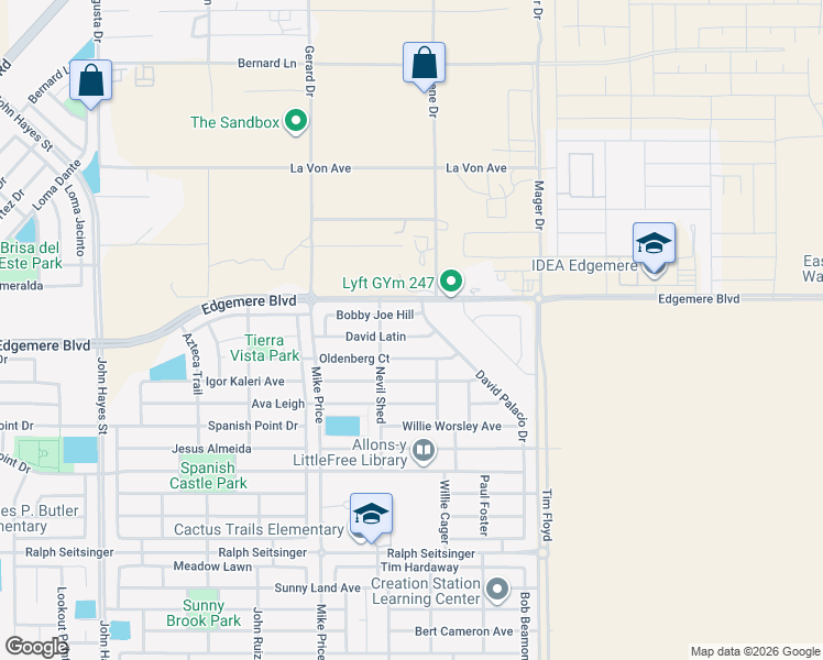 map of restaurants, bars, coffee shops, grocery stores, and more near 14832 Bobby Joe Hill in El Paso