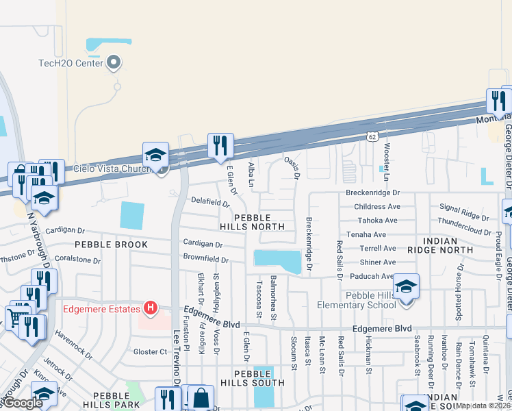 map of restaurants, bars, coffee shops, grocery stores, and more near 3559 Oasis Drive in El Paso