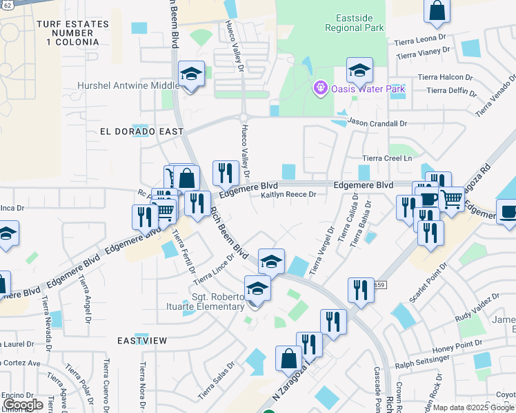 map of restaurants, bars, coffee shops, grocery stores, and more near 3640 Tierra Berlin Lane in El Paso