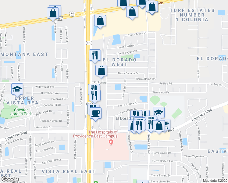 map of restaurants, bars, coffee shops, grocery stores, and more near 12245 Tierra Inca Dr in El Paso