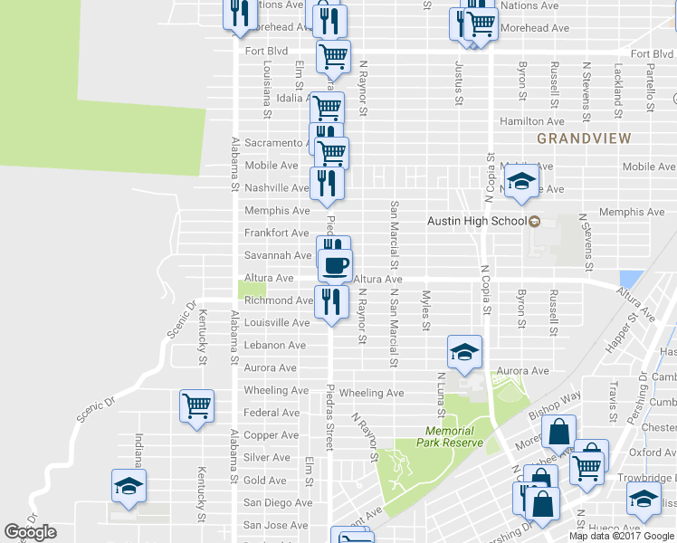 map of restaurants, bars, coffee shops, grocery stores, and more near 2907 Altura Avenue in El Paso