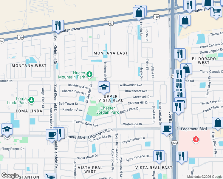 map of restaurants, bars, coffee shops, grocery stores, and more near 11909 Braveheart Avenue in El Paso
