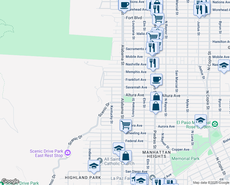 map of restaurants, bars, coffee shops, grocery stores, and more near 2507 Altura Ave in El Paso